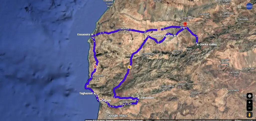 Map of 10 Days Morocco Tour from Marrakech including Atlas Mountains, Agafay Desert, Taroudant, Agadir, Taghazout and Essaouira