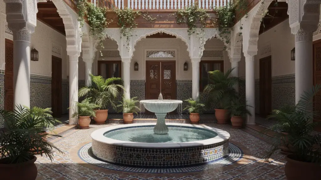 Traditional Moroccan riad courtyard with fountain and decorative architecture
