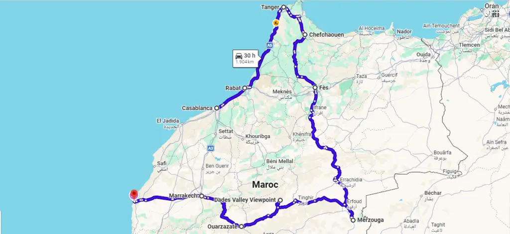 Morocco trip itinerary map showing Casablanca Rabat Chefchaouen Fes Merzouga Marrakech and Essaouira