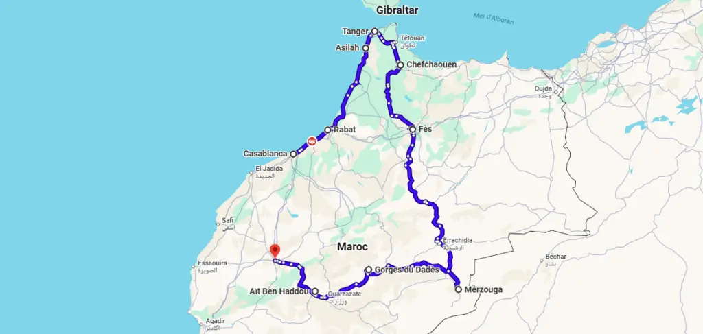 Map of popular Morocco itineraries and travel routes