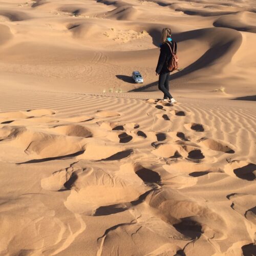 Footprints in the sand among the Erg Chegaga desert dunes
