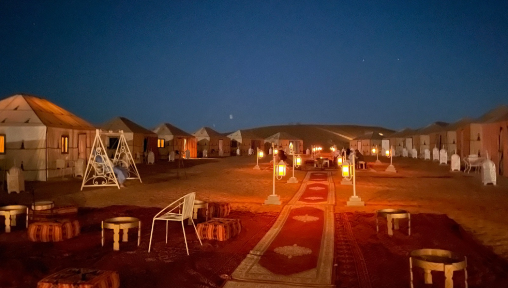 Campfire at a desert camp on a winter night in the Sahara